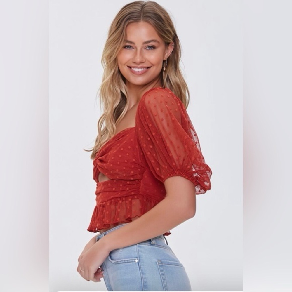 Burnt orange dot Sheer puff sleeve Women's Top